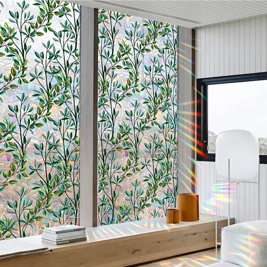 Retro Window Privacy Film,Stained Glass Decorative Cling Sticker (1, Green Leaves, 17x39.4in)