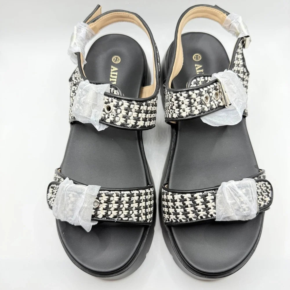 AIJVOU Platform Sandals Womens  Black White Tweed Chunky Lug Sole New