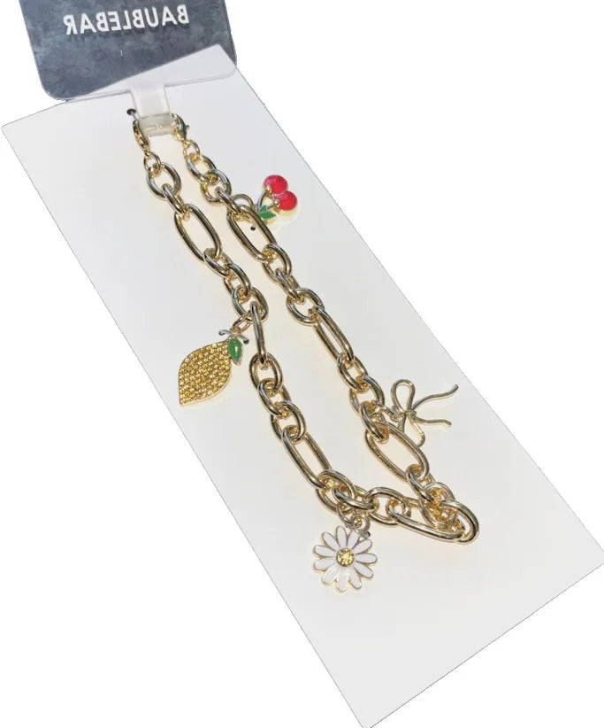 Bauble Bar Phone Charm Wristlet NEW Gold CHAIN Lemon Cherry Daisy Bow BLING NEW